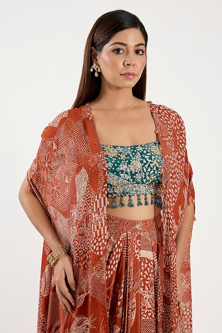 Rust Crepe & Georgette Leaf Jaal Printed Cape Set by DiyaRajvvir at Pernia's Pop Up Shop