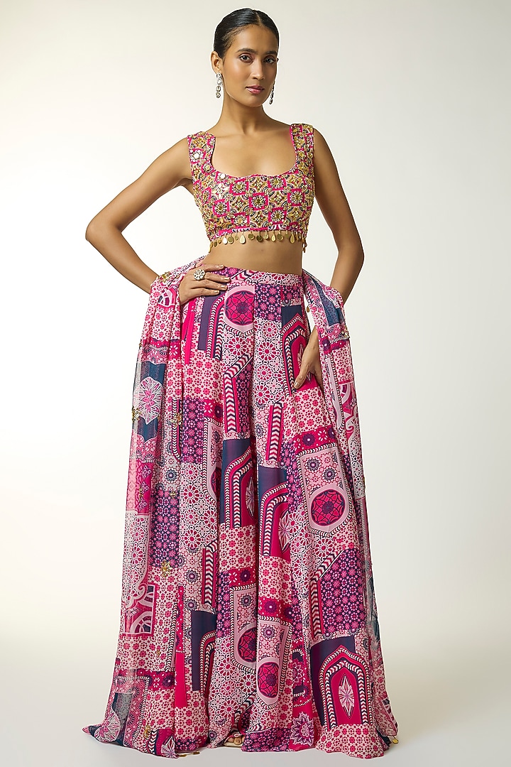 Fuchsia Georgette Jaal Printed Wedding Sharara Set by DiyaRajvvir at Pernia's Pop Up Shop