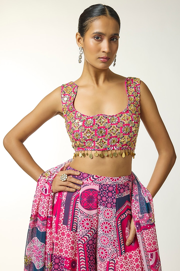 Fuchsia Georgette Jaal Printed Wedding Sharara Set by DiyaRajvvir at Pernia's Pop Up Shop