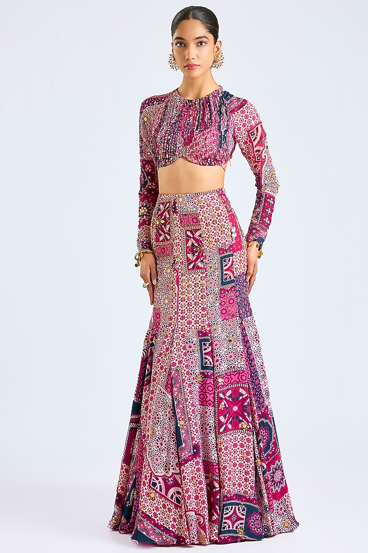 Fuchsia Chiffon & Georgette Printed Wedding Lehenga Set by DiyaRajvvir at Pernia's Pop Up Shop