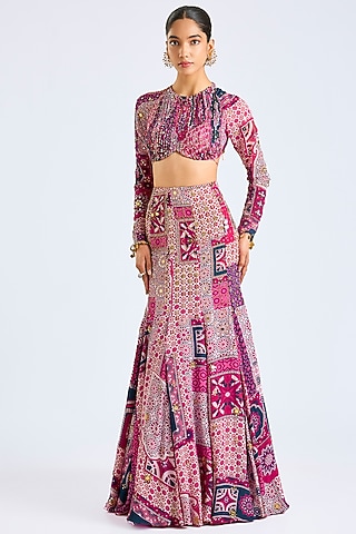 Fuchsia Chiffon & Georgette Printed Lehenga Set by DiyaRajvvir