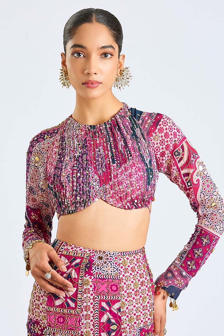 Fuchsia Chiffon & Georgette Printed Wedding Lehenga Set by DiyaRajvvir at Pernia's Pop Up Shop
