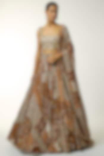 Caramel-Colored Crepe & Georgette Butta Printed Wedding Lehenga Set by DiyaRajvvir at Pernia's Pop Up Shop
