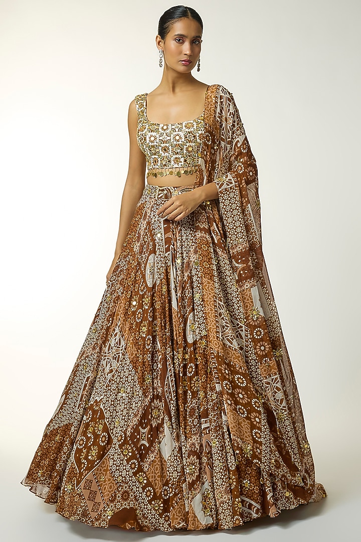 Caramel-Colored Crepe & Georgette Butta Printed Wedding Lehenga Set by DiyaRajvvir at Pernia's Pop Up Shop