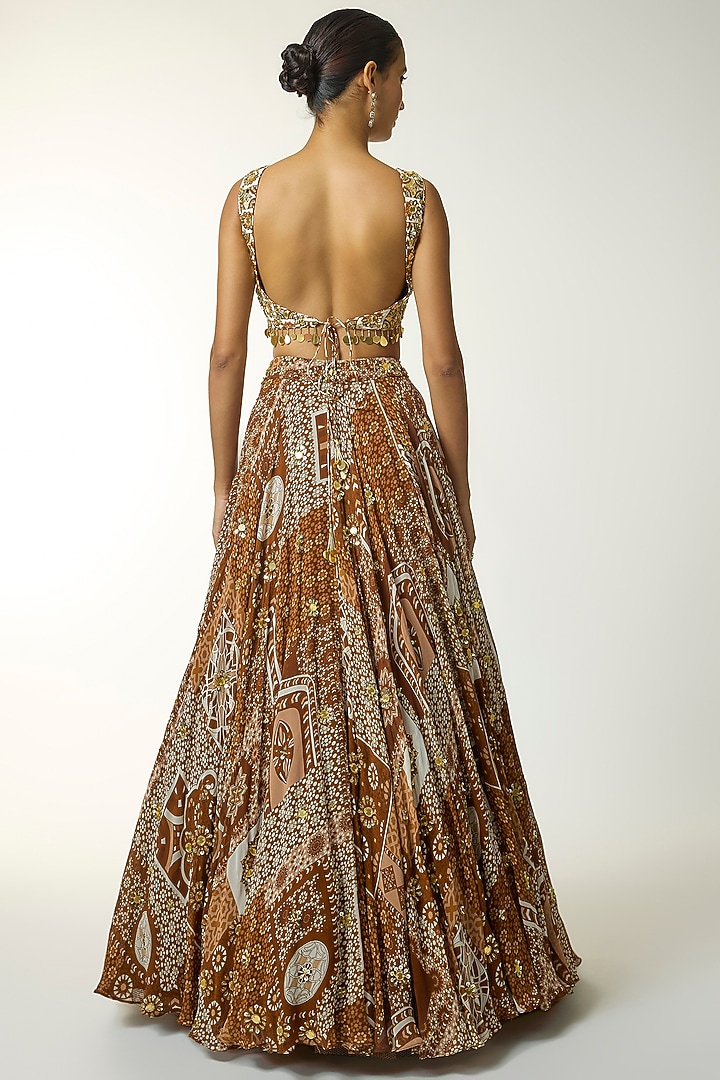 Caramel-Colored Crepe & Georgette Butta Printed Wedding Lehenga Set by DiyaRajvvir at Pernia's Pop Up Shop