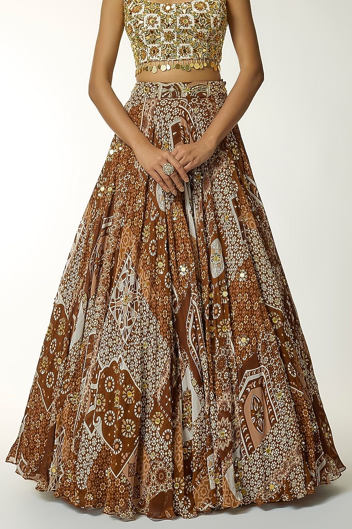 Caramel-Colored Crepe & Georgette Butta Printed Wedding Lehenga Set by DiyaRajvvir at Pernia's Pop Up Shop