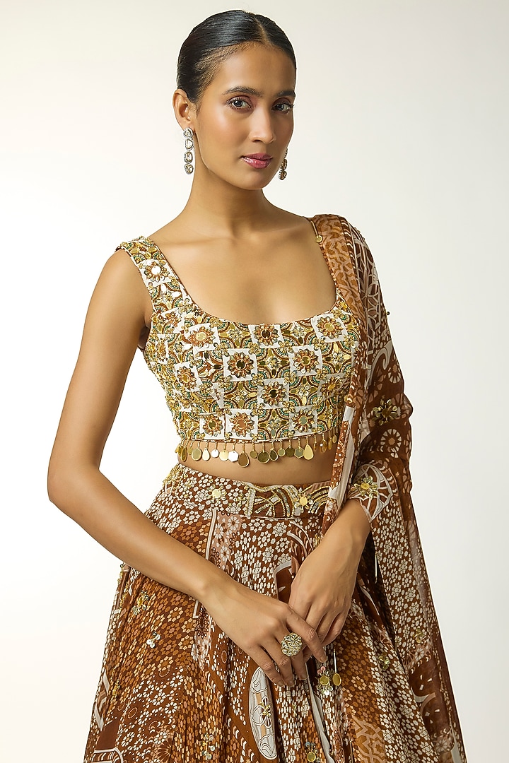 Caramel-Colored Crepe & Georgette Butta Printed Wedding Lehenga Set by DiyaRajvvir at Pernia's Pop Up Shop