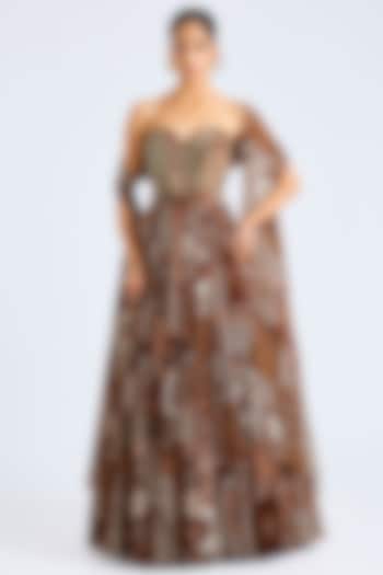Caramel Crepe Printed Wedding Lehenga Set by DiyaRajvvir at Pernia's Pop Up Shop