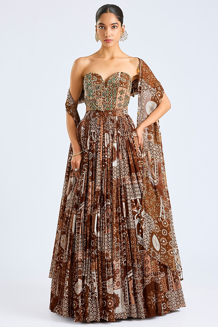 Caramel Crepe Printed Wedding Lehenga Set by DiyaRajvvir at Pernia's Pop Up Shop