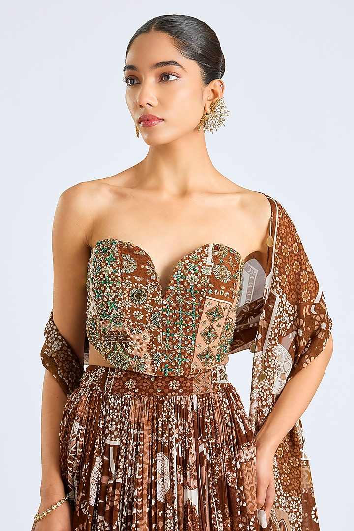 Caramel Crepe Printed Wedding Lehenga Set by DiyaRajvvir at Pernia's Pop Up Shop