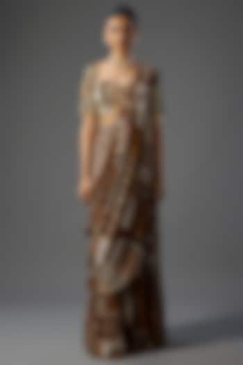 Caramel-Colored Crepe & Georgette Jaal Printed Pre-Draped Wedding Saree Set by DiyaRajvvir at Pernia's Pop Up Shop