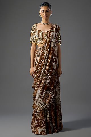Caramel-Colored Crepe & Georgette Jaal Printed Pre-Draped Saree Set by DiyaRajvvir