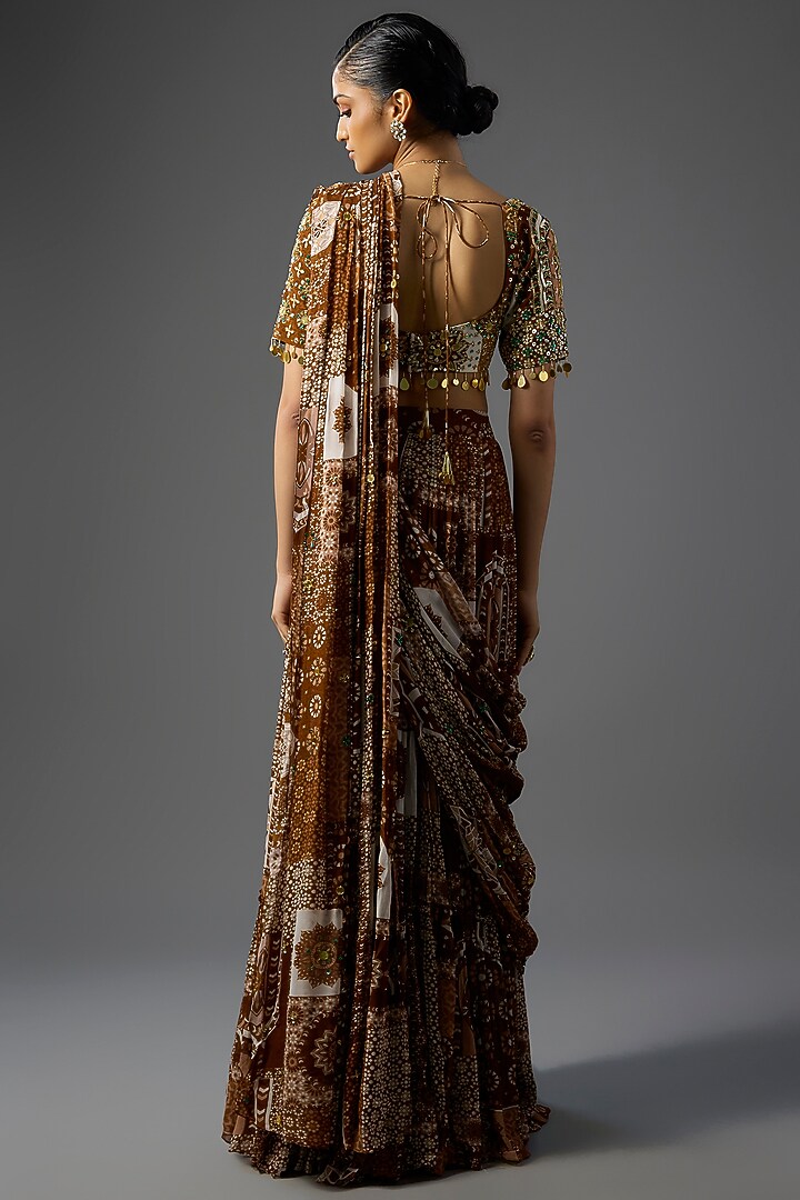Caramel-Colored Crepe & Georgette Jaal Printed Pre-Draped Wedding Saree Set by DiyaRajvvir at Pernia's Pop Up Shop