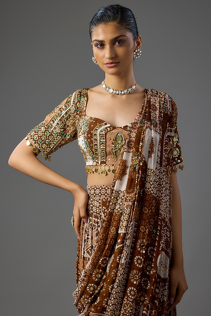 Caramel-Colored Crepe & Georgette Jaal Printed Pre-Draped Wedding Saree Set by DiyaRajvvir at Pernia's Pop Up Shop
