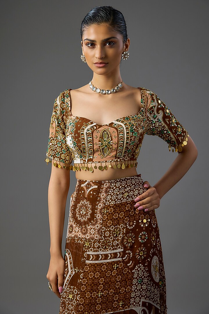 Caramel-Colored Crepe & Georgette Jaal Printed Pre-Draped Wedding Saree Set by DiyaRajvvir at Pernia's Pop Up Shop