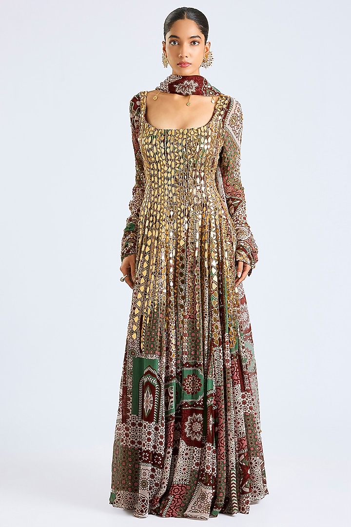 Sage Green Georgette Wedding Anarkali Set by DiyaRajvvir at Pernia's Pop Up Shop