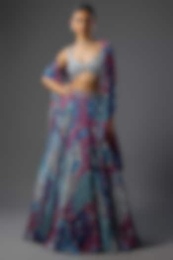 Teal Crepe & Georgette Butta Printed Wedding Lehenga Set by DiyaRajvvir at Pernia's Pop Up Shop