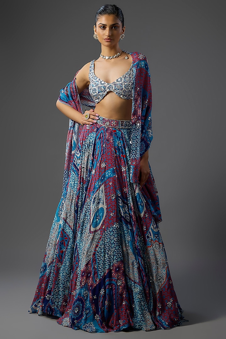 Teal Crepe & Georgette Butta Printed Wedding Lehenga Set by DiyaRajvvir at Pernia's Pop Up Shop