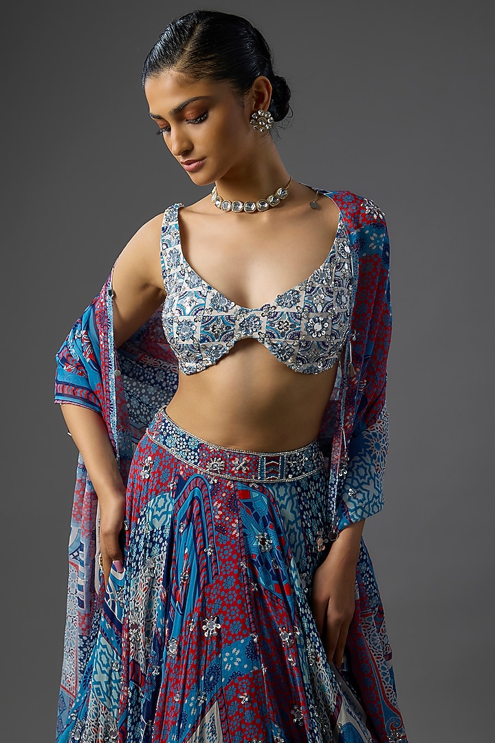 Teal Crepe & Georgette Butta Printed Wedding Lehenga Set by DiyaRajvvir at Pernia's Pop Up Shop