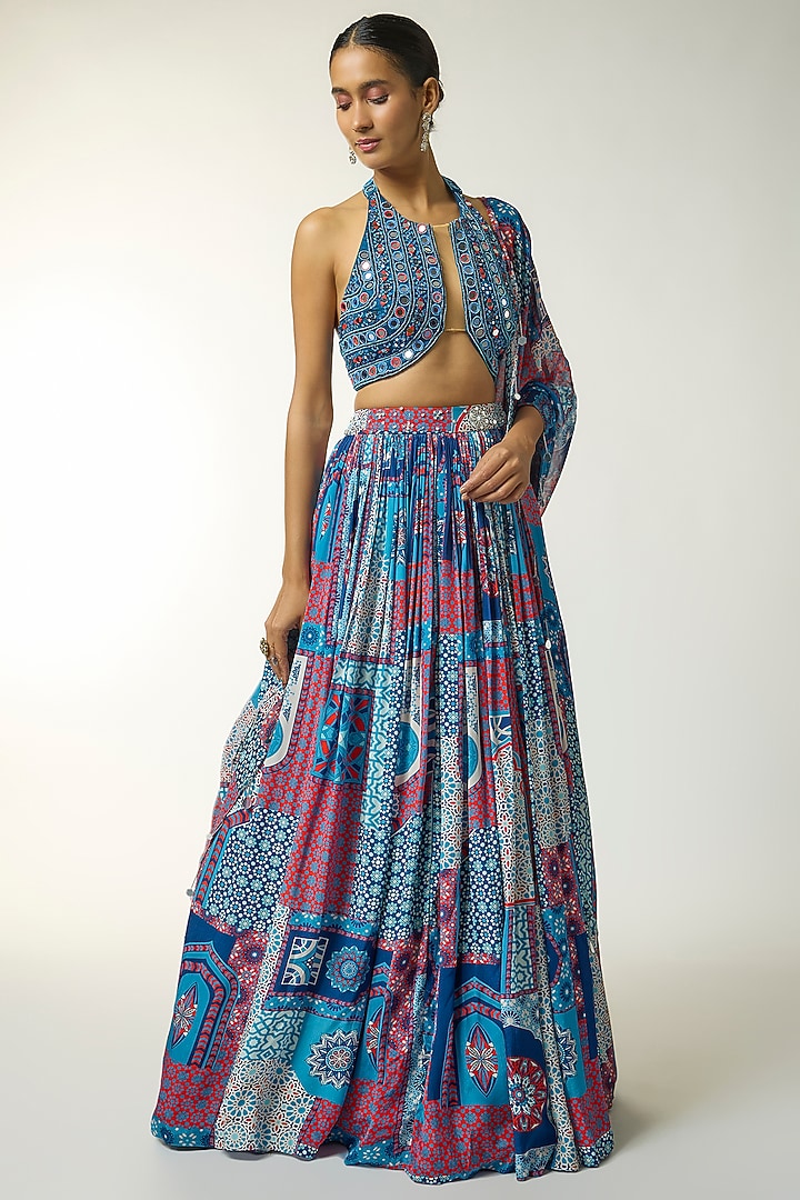 Teal Crepe & Georgette Printed Wedding Lehenga Set by DiyaRajvvir at Pernia's Pop Up Shop