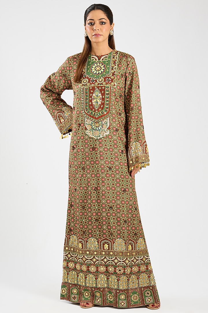 Sage & Maroon Dola Silk Printed Kaftan by DiyaRajvvir at Pernia's Pop Up Shop