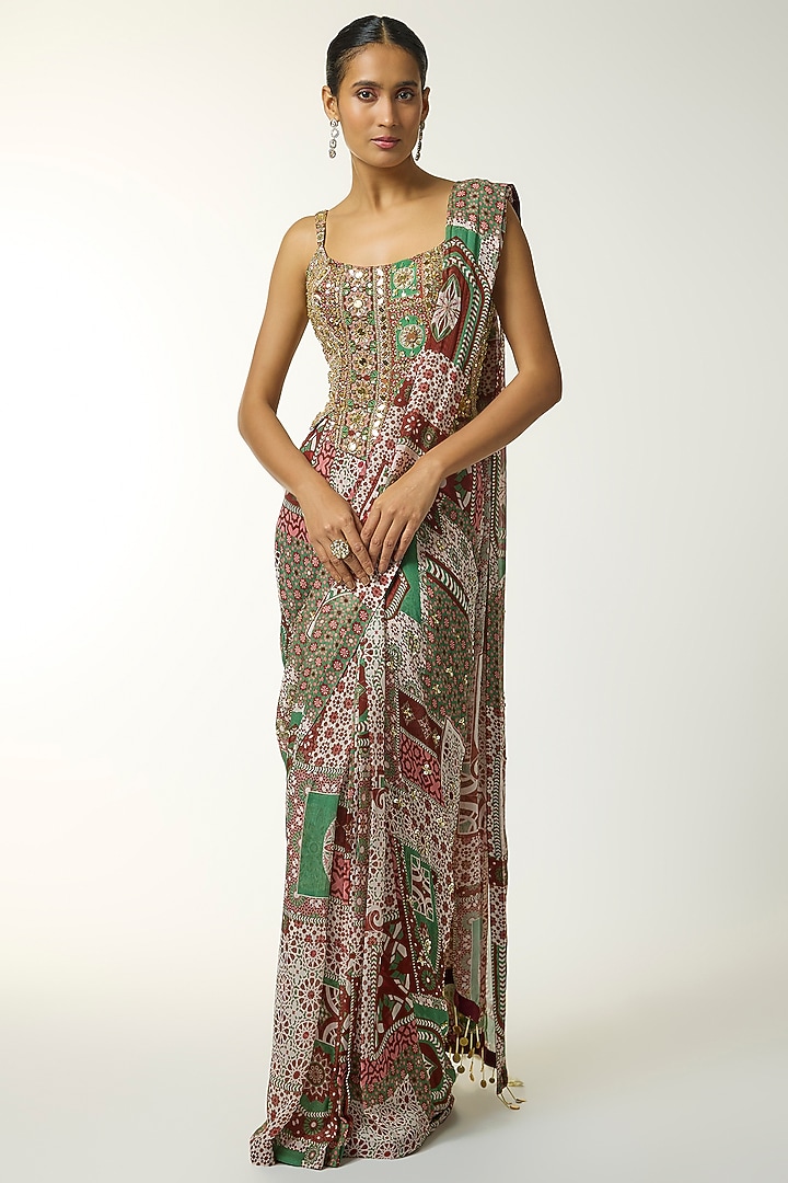 Sage & Maroon Georgette Jaal Printed Pre-Draped Wedding Saree Set by DiyaRajvvir at Pernia's Pop Up Shop