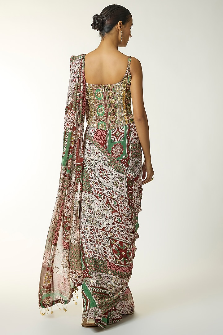 Sage & Maroon Georgette Jaal Printed Pre-Draped Wedding Saree Set by DiyaRajvvir at Pernia's Pop Up Shop