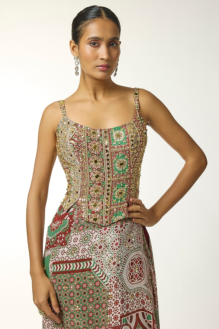 Sage & Maroon Georgette Jaal Printed Pre-Draped Wedding Saree Set by DiyaRajvvir at Pernia's Pop Up Shop