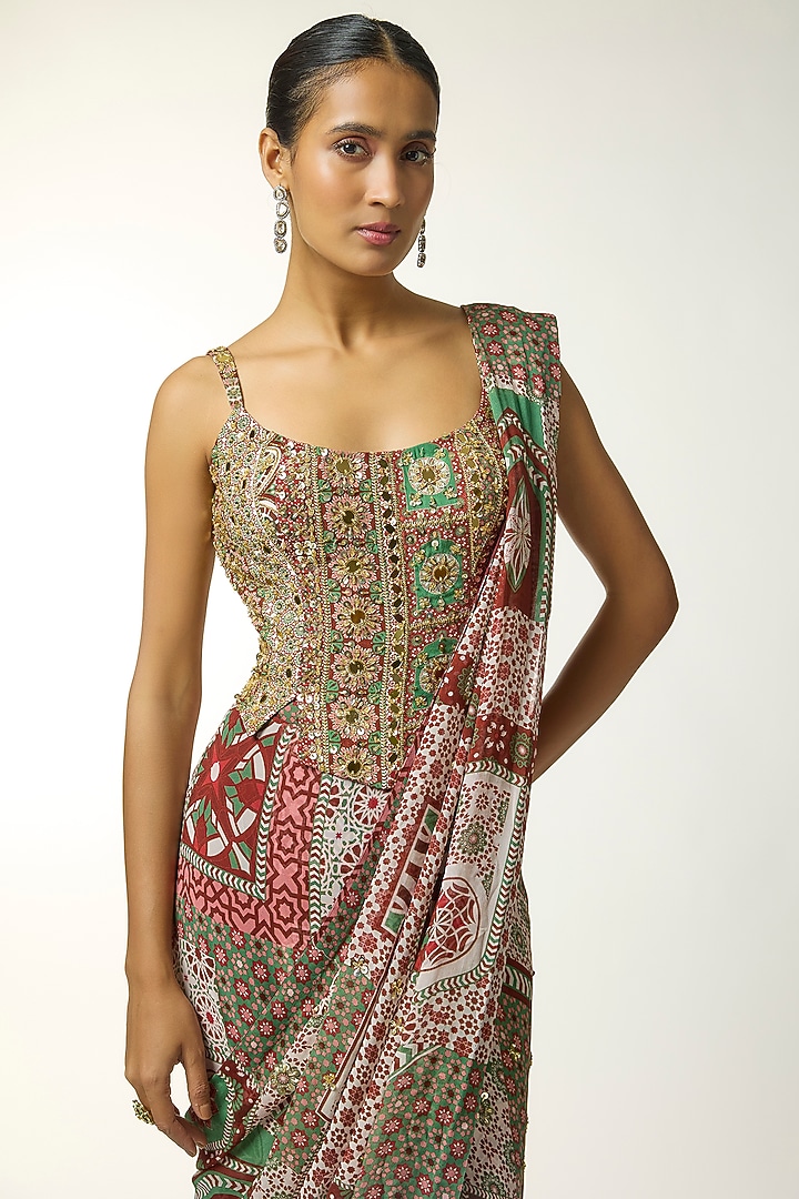 Sage & Maroon Georgette Jaal Printed Pre-Draped Wedding Saree Set by DiyaRajvvir at Pernia's Pop Up Shop
