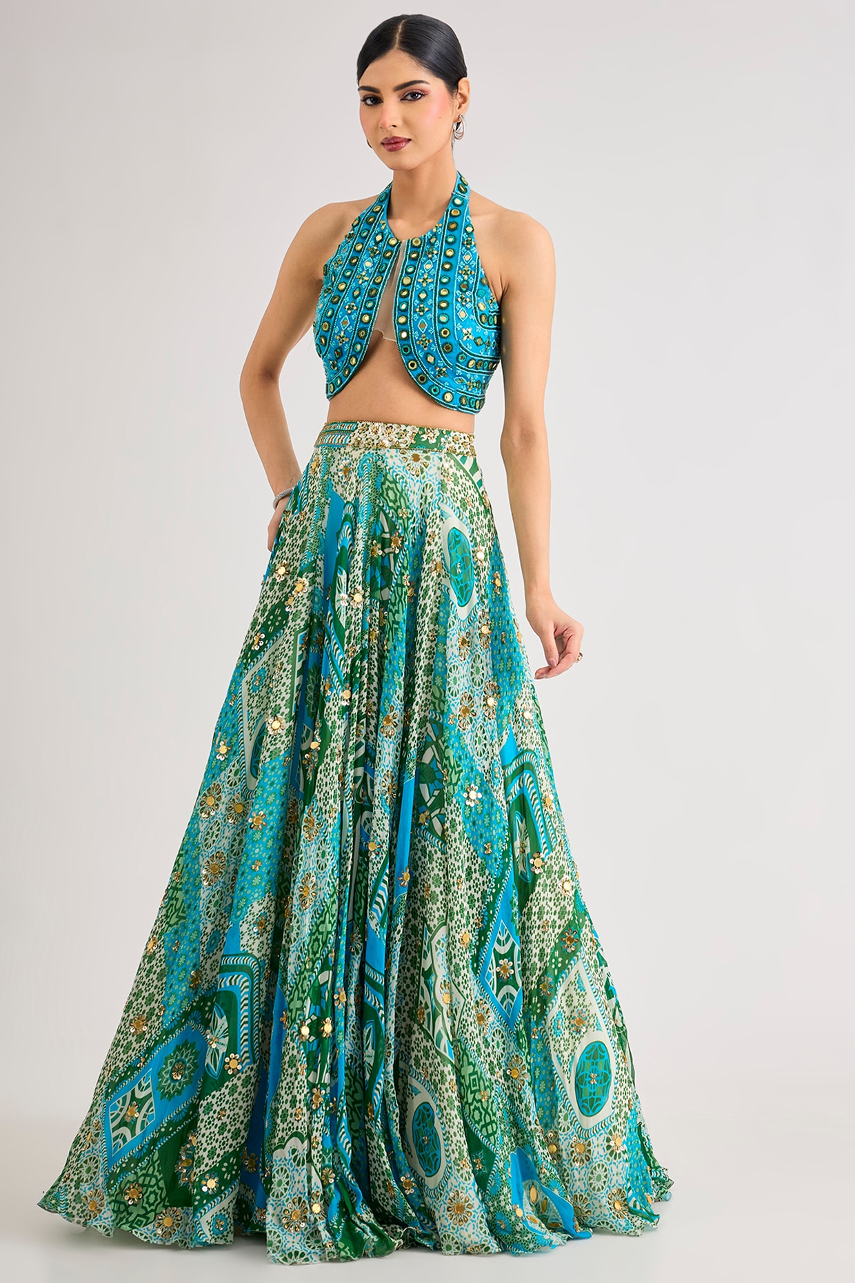 DiyaRajvvir Aqua Tulle & Georgette Printed Lehenga Set