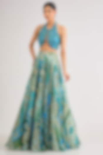 Aqua Tulle & Georgette Printed Wedding Lehenga Set by DiyaRajvvir at Pernia's Pop Up Shop