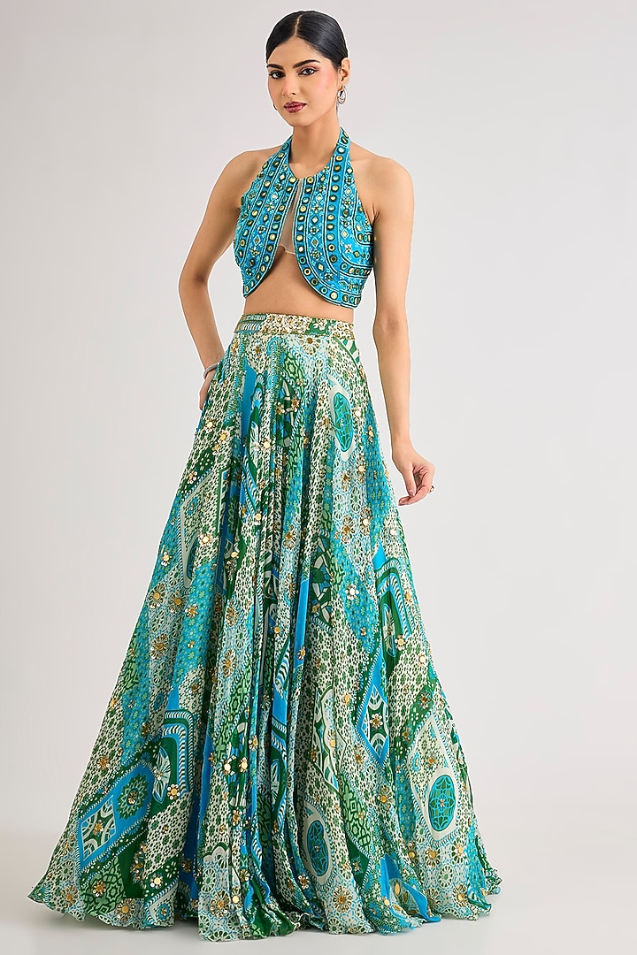 Aqua Tulle & Georgette Printed Wedding Lehenga Set by DiyaRajvvir at Pernia's Pop Up Shop