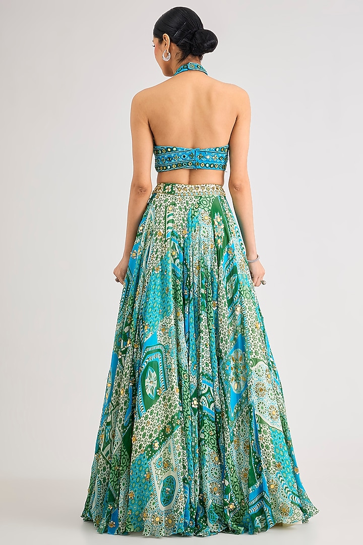Aqua Tulle & Georgette Printed Wedding Lehenga Set by DiyaRajvvir at Pernia's Pop Up Shop