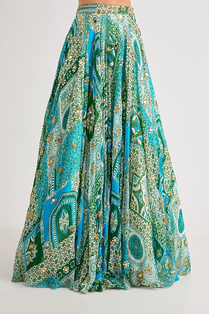 Aqua Tulle & Georgette Printed Wedding Lehenga Set by DiyaRajvvir at Pernia's Pop Up Shop