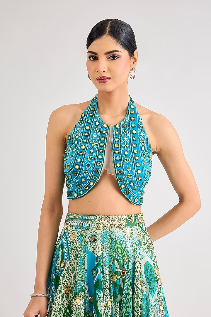 Aqua Tulle & Georgette Printed Wedding Lehenga Set by DiyaRajvvir at Pernia's Pop Up Shop