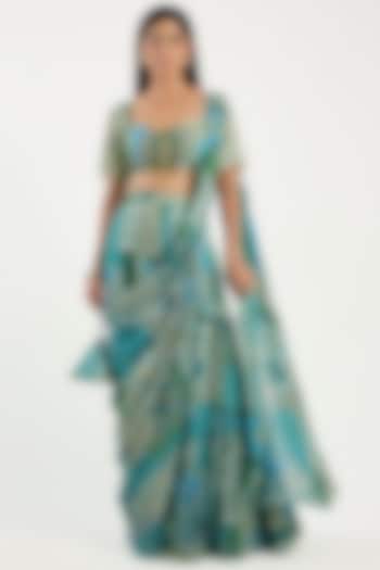 Aqua Crepe & Georgette Printed Tiered Wedding Saree Set by DiyaRajvvir at Pernia's Pop Up Shop