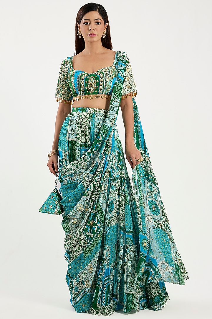 Aqua Crepe & Georgette Printed Tiered Wedding Saree Set by DiyaRajvvir at Pernia's Pop Up Shop