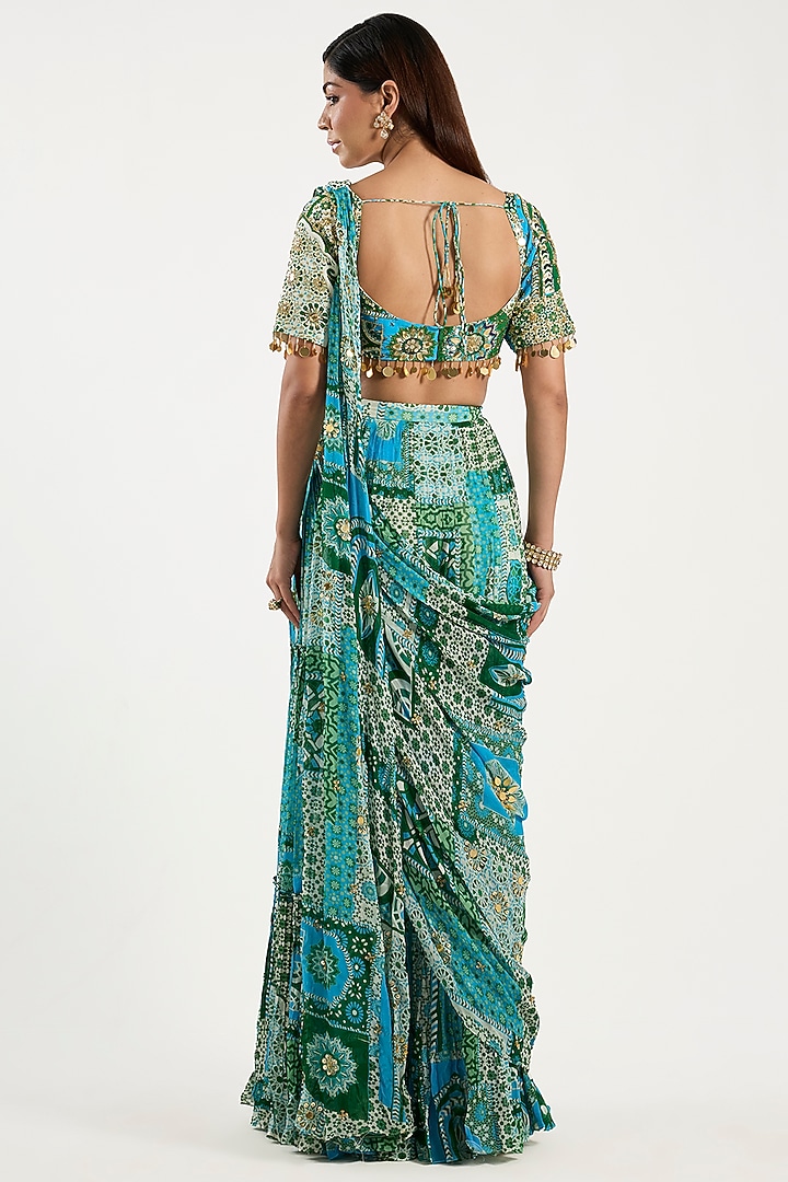 Aqua Crepe & Georgette Printed Tiered Wedding Saree Set by DiyaRajvvir at Pernia's Pop Up Shop