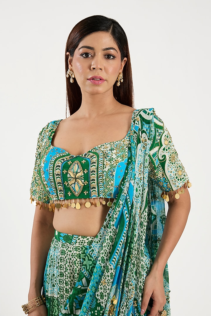 Aqua Crepe & Georgette Printed Tiered Wedding Saree Set by DiyaRajvvir at Pernia's Pop Up Shop
