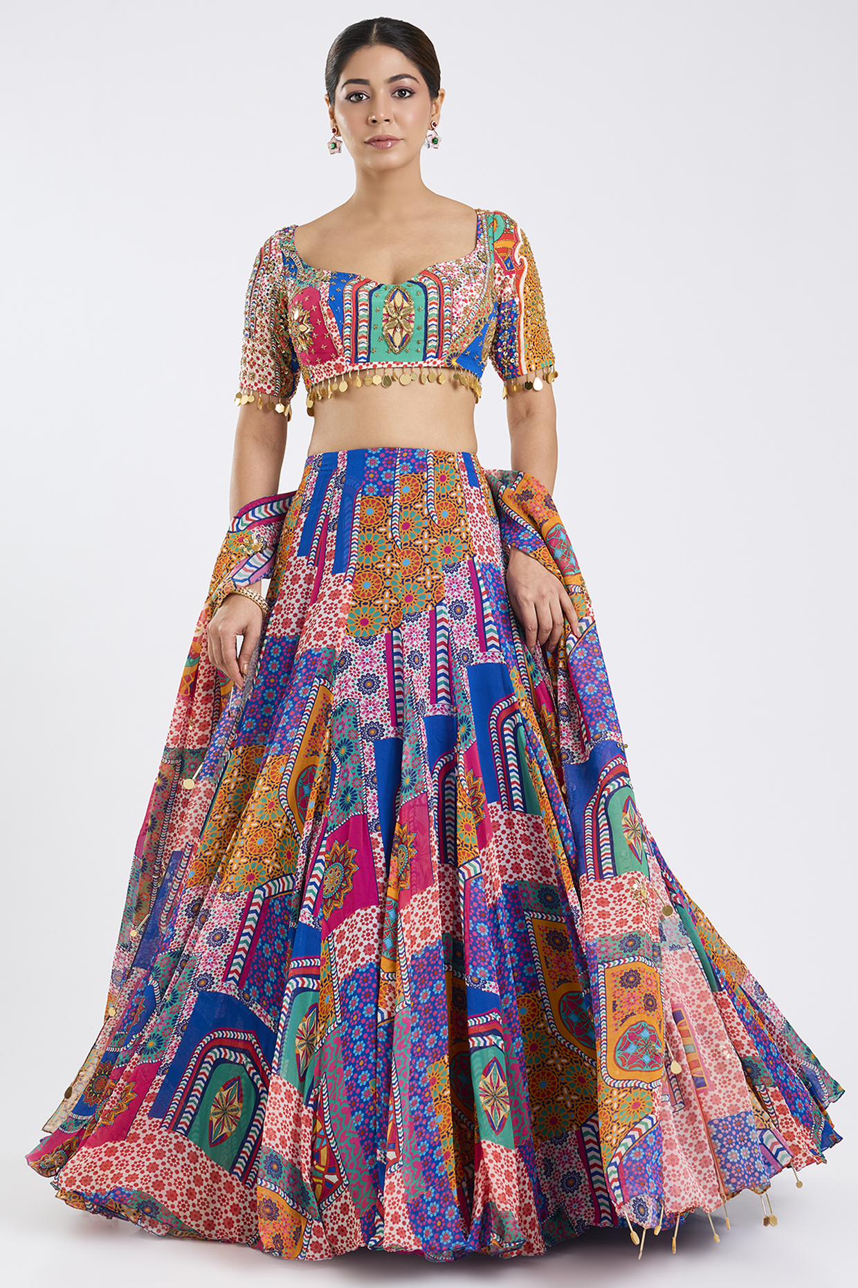 DiyaRajvvir Multi-Colored Crepe & Georgette Abstract Printed Lehenga Set