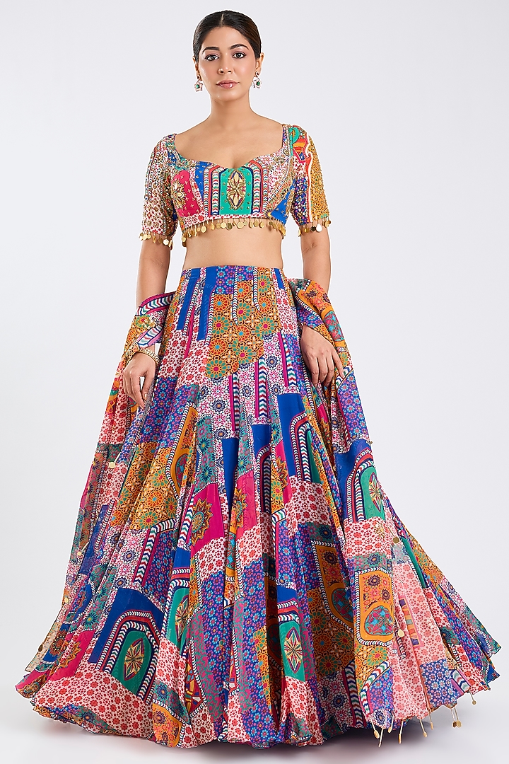 Multi-Colored Crepe & Georgette Abstract Printed Wedding Lehenga Set by DiyaRajvvir at Pernia's Pop Up Shop