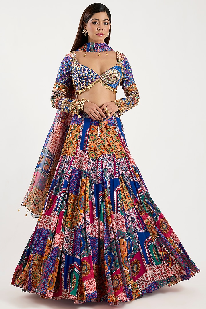Multi-Colored Crepe & Georgette Abstract Printed Wedding Lehenga Set by DiyaRajvvir at Pernia's Pop Up Shop