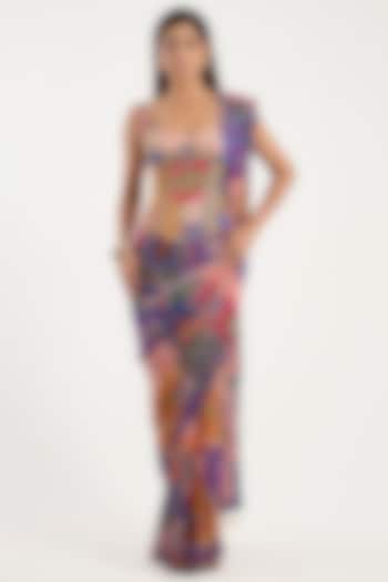 Multi-Colored Crepe & Georgette Printed Pre-Draped Wedding Saree Set by DiyaRajvvir at Pernia's Pop Up Shop