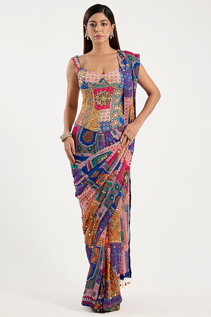 Multi-Colored Crepe & Georgette Printed Pre-Draped Wedding Saree Set by DiyaRajvvir at Pernia's Pop Up Shop