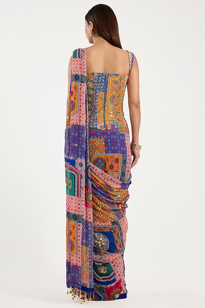 Multi-Colored Crepe & Georgette Printed Pre-Draped Wedding Saree Set by DiyaRajvvir at Pernia's Pop Up Shop