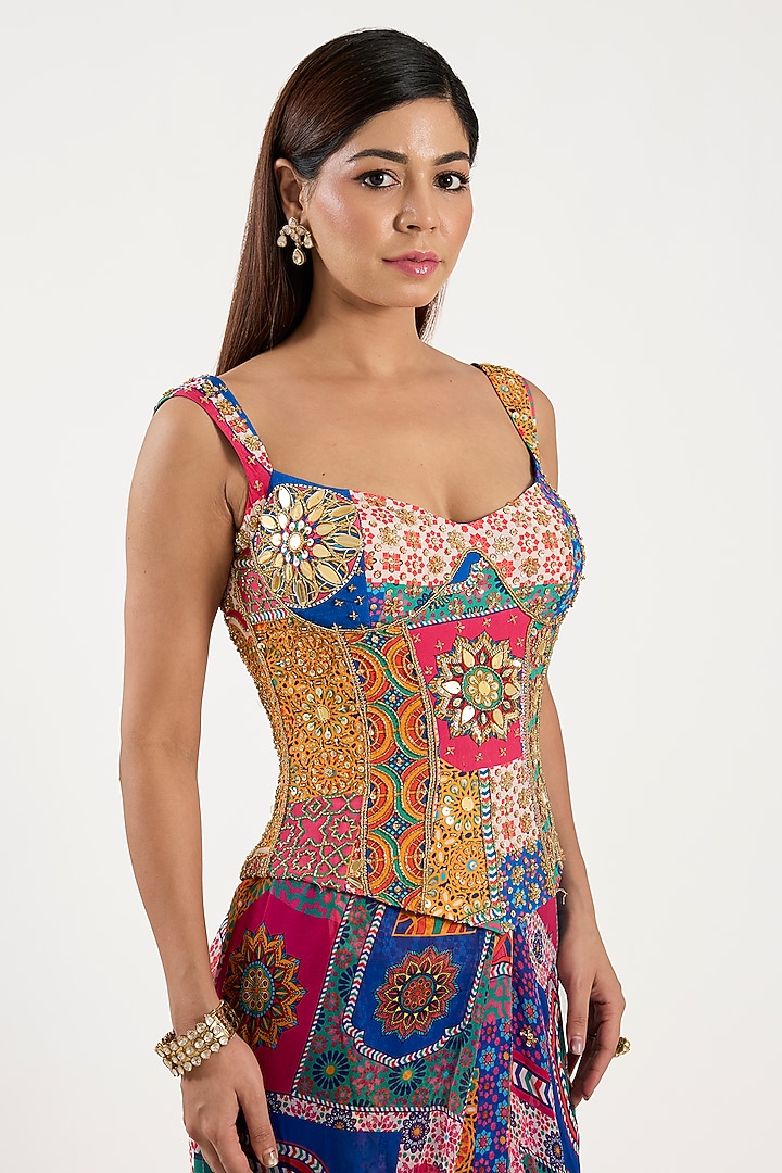 Multi-Colored Crepe & Georgette Printed Pre-Draped Wedding Saree Set by DiyaRajvvir at Pernia's Pop Up Shop