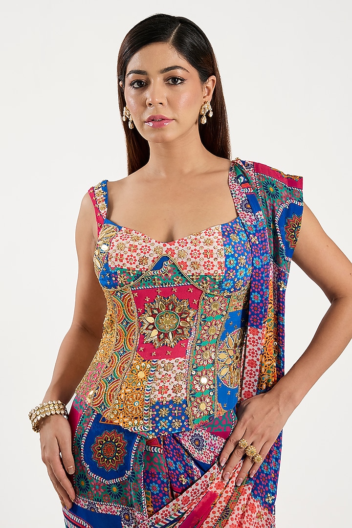 Multi-Colored Crepe & Georgette Printed Pre-Draped Wedding Saree Set by DiyaRajvvir at Pernia's Pop Up Shop