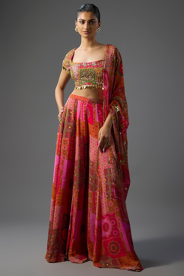Yellow & Fuchsia Georgette Jaal Printed Wedding Sharara Set by DiyaRajvvir at Pernia's Pop Up Shop