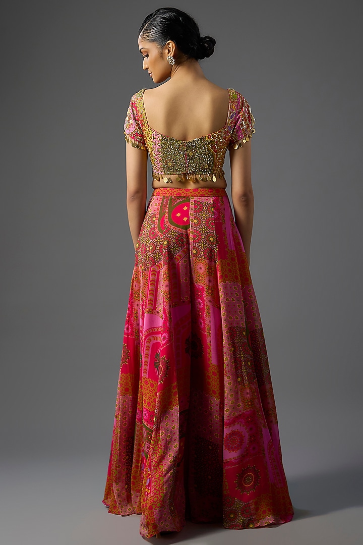 Yellow & Fuchsia Georgette Jaal Printed Wedding Sharara Set by DiyaRajvvir at Pernia's Pop Up Shop