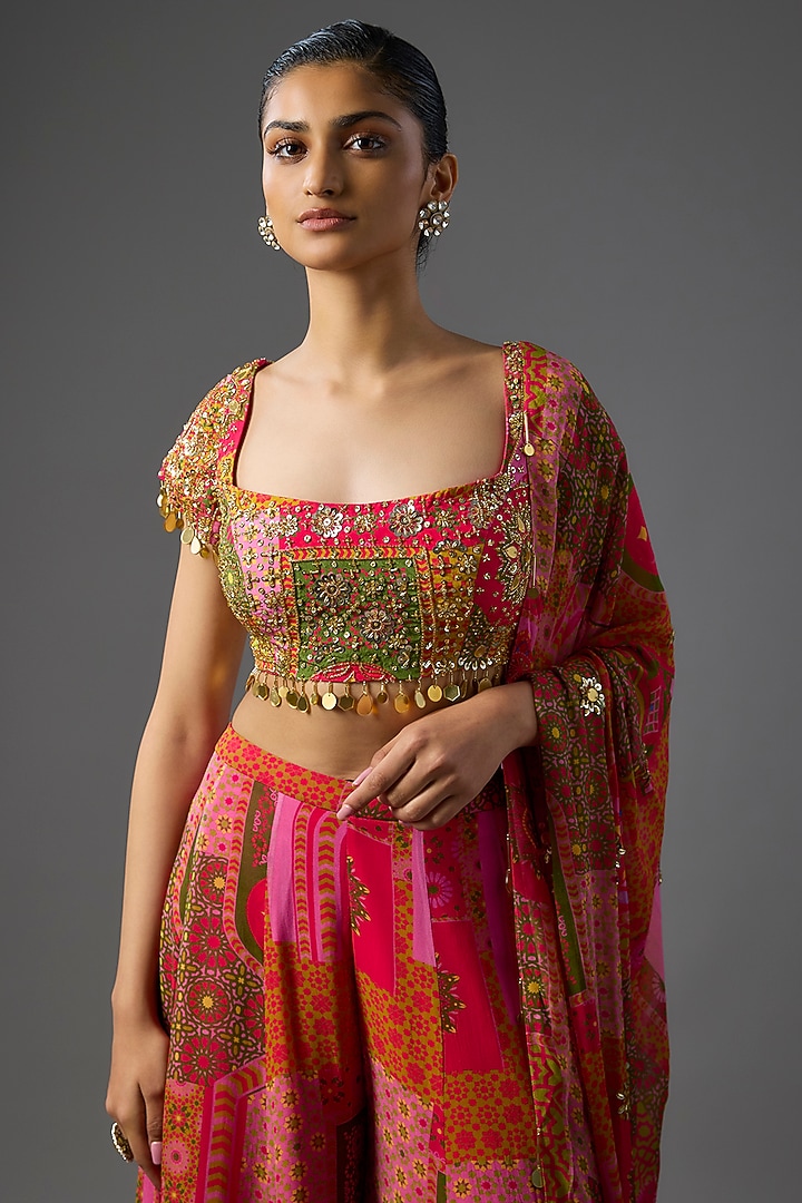 Yellow & Fuchsia Georgette Jaal Printed Wedding Sharara Set by DiyaRajvvir at Pernia's Pop Up Shop